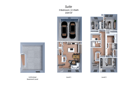 A floor plan of a suite with 3 bedrooms and a 2.5 bath.